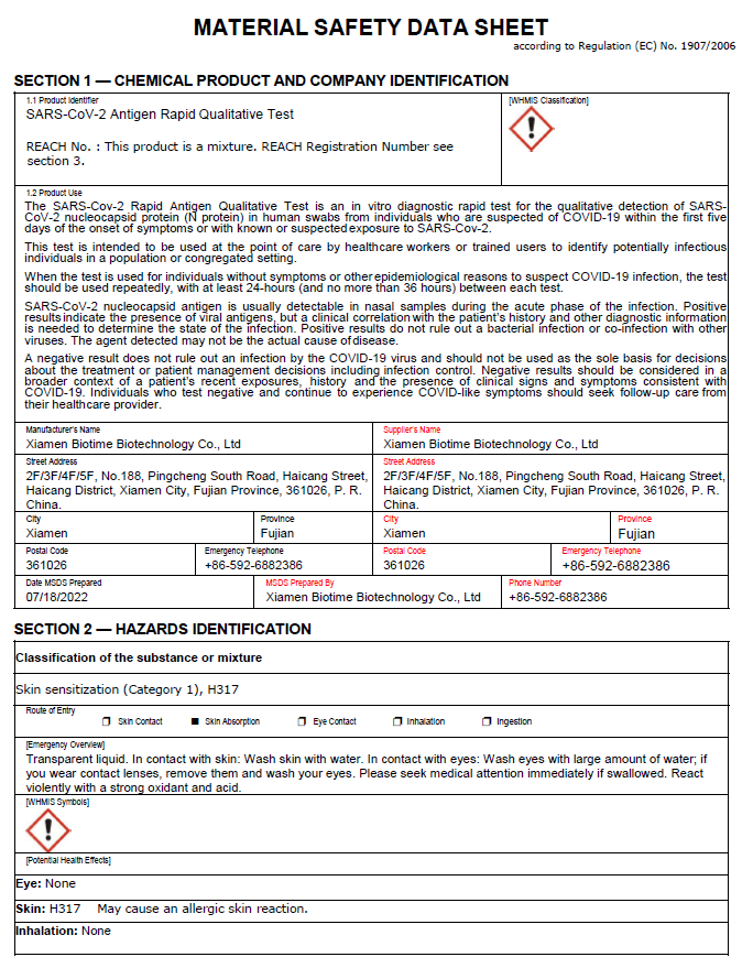 Material Safety Data Sheet for SARS-CoV-2 Antigen Rapid Qualitative Test